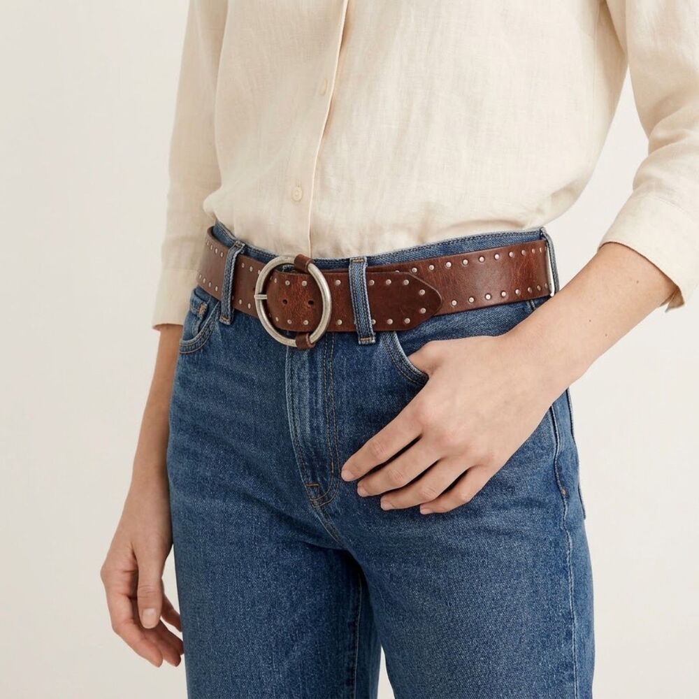 J Crew Rivet Adjustable O Ring Belt Womens S/M Brown VTG Wide Studs Leather